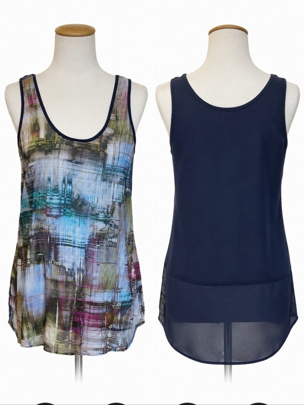 New Blue Silk Tank Top Lola & Sophia navy print chiffon sleeveless NWT sz XS.